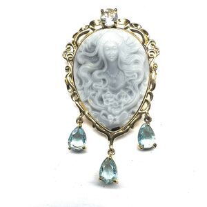 Gold Tone Medusa Cameo Pendant- Aquamarine / Clear Gems